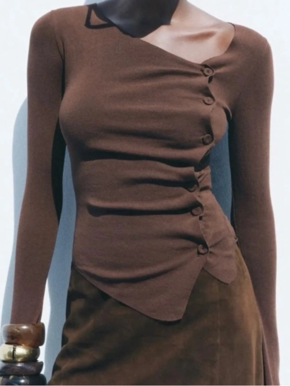 ZARA Asymmetric Button-Front Brown Knit Top